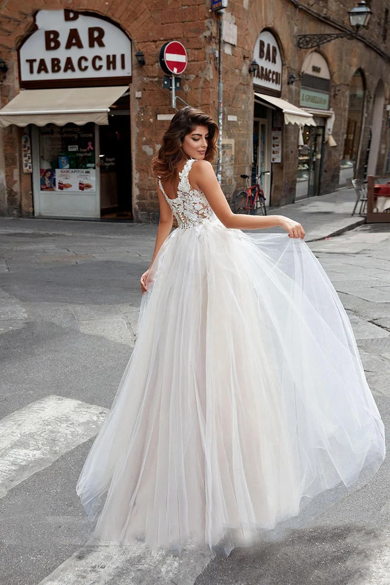 Fanweimei abiti da sposa scollo a v senza maniche in pizzo Boho abito da sposa abiti da sposa arabi vestido novia lunghezza del pavimento