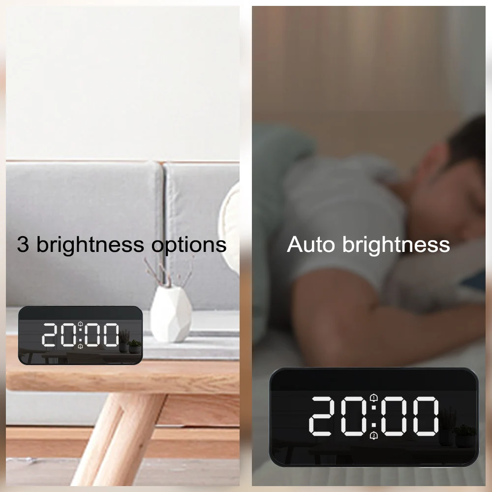 FanJu Digital Alarm Clock Mirror Electronic Table Watches Home Living Room Decoration Modern Design Automatic Backlight Clocks