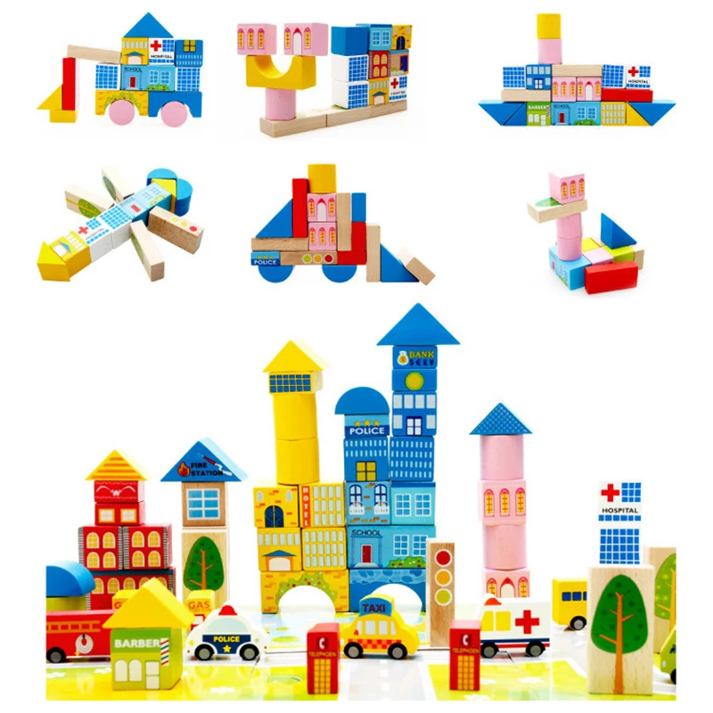 62 pezzi 3D Cartoon Building Block Giocattolo in legno Giocattolo educativo per l'apprendimento del bambino Giocattoli creativi per blocchi di traffico della città per bambini