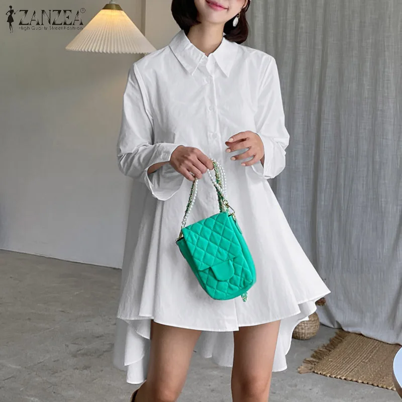 

2021 Women Asymmetrical Blouse Shirts ZANZEA Spring Autumn Pleated Patchwork Long Sleeve A-line Blusa Oversized Casual Solid Top