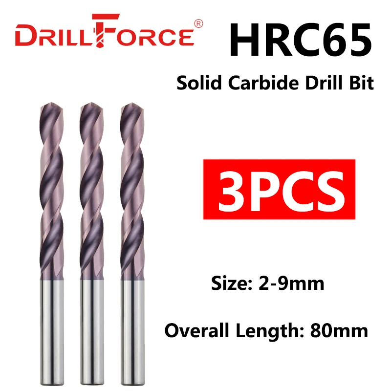 Drillforce 3PCS 2mm-9mmx80mm OAL HRC65 Zestaw wierteł pełnowęglikowych, spiralne wiertło kręte do narzędzi ze stopu twardego ze stali nierdzewnej