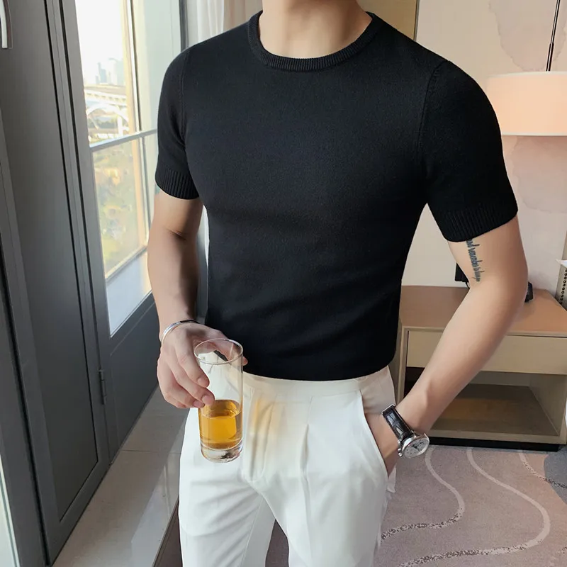 Summer Top Men Thin Slim Fit T-shirt 2021 Knitted Short Sleeves Solid Color Sweater Pullover T Shirt Slim Knitted Tees Top Homme