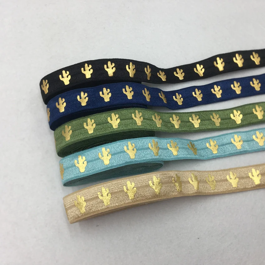 5yards/Lot 5/8\'\' 15mm Gold Foil Cactus FOE Fold Over Elastic For DIY Hair Ties Strap Accessaries