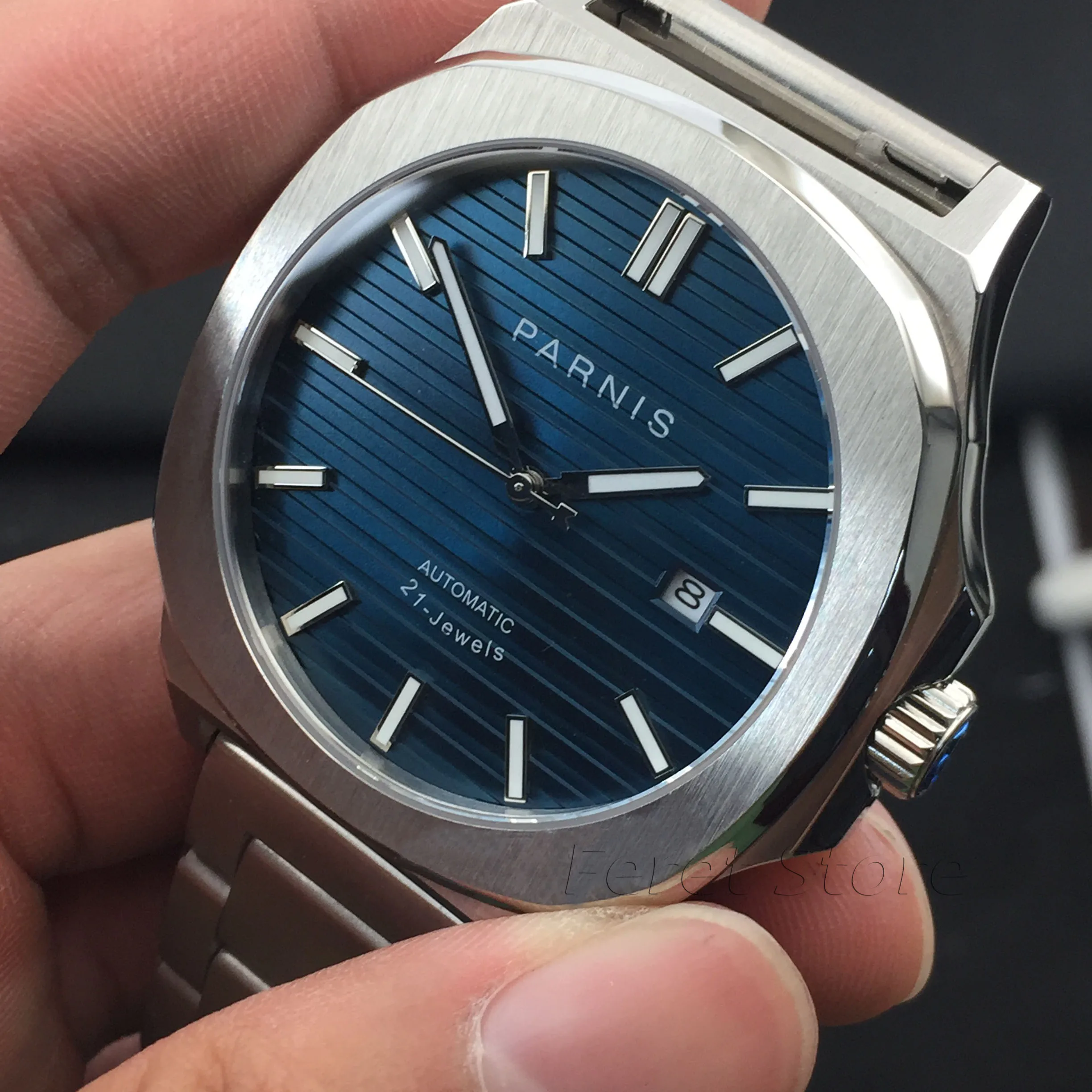 

NEW Arrive 43mm PARNIS Blue Dial Date Indicator Steel Case Luminous Sapphire Luxury Brand Miyota Automatic Movement men's Watch