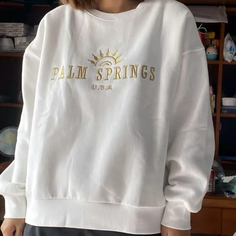 Calelinka American Vintage Palm Springs Letters Embroidery Printed White Cotton Sweatshirts Round Neck Vintage Women Ins Jumpers