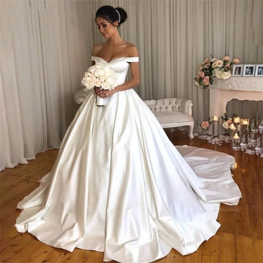 Vetidos De Novia Đơn Giản Satin Bầu Áo Cưới Năm 2020 Gợi Cảm Lệch Vai Cô Dâu Đầm Nón Tay Plus Kích Thước áo CướI