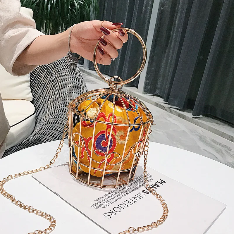 Advanced Embroidery Women's Birdcage Evening Bag Clutch Metal Frame Bucket Bird Cage Shoulder Bag Purse Women Gold Handbag