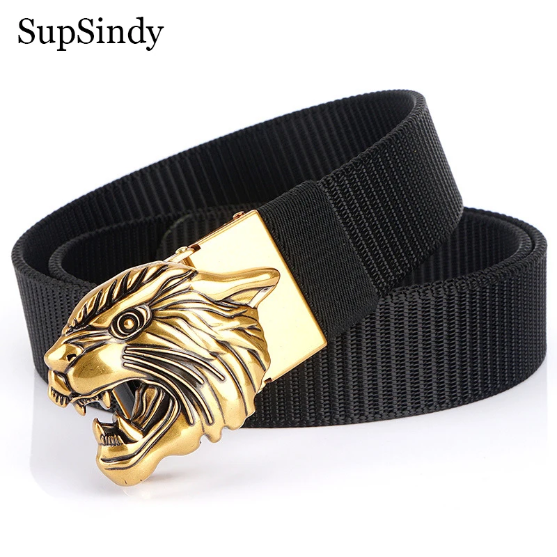 

SupSindy Man's Nylon Belt Luxury Gold Tiger Metal Automatic Buckle Canvas Belts for Men Fashion Jeans Waistband Black Male Strap