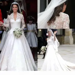 Vestidos de novia de línea A blancos personalizados, cuello en V, manga larga transparente, apliques de encaje, Kate Middleton, botones en la espalda, vestido de novia real Sa