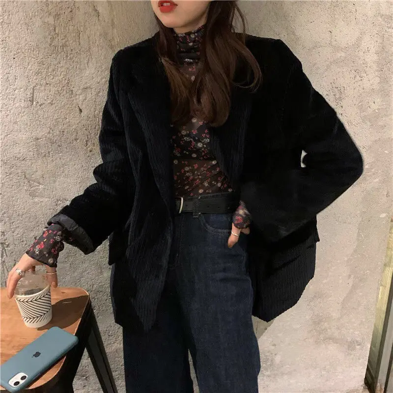 Blazers de terciopelo de pana sólida para mujer, diseño holgado de una sola botonadura, estilo Hong Kong, Retro, Chic, suave, a la moda, Ulzzang combina con todo