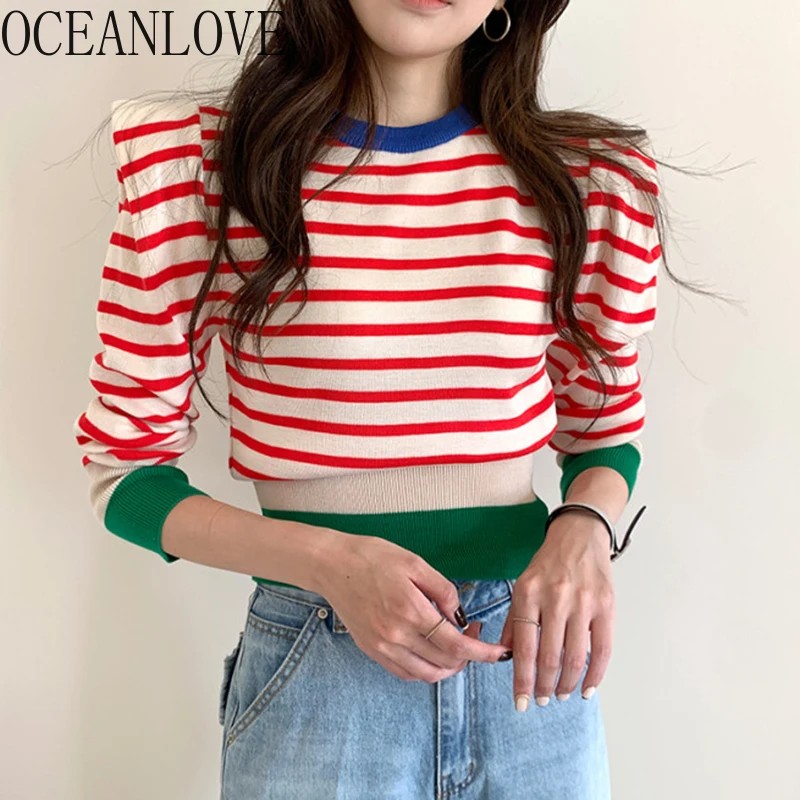 OCEANLOVE 2021 Thu Kéo Femme Sọc Ngọt Tay Phồng Ngắn Áo Len Nữ Slim Hàn Quốc Sang Trọng Thời Trang Mùa Đông Áo Thun 18411