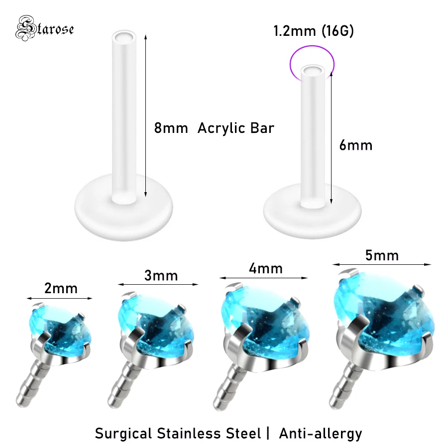 Starose 2Pcs 1.2x6/8mm Acrylic Nose Piercing Labret Stud Nose Rings Zircon Lip Piercing Jewel Ear Piercing Helix Tragus Earrings