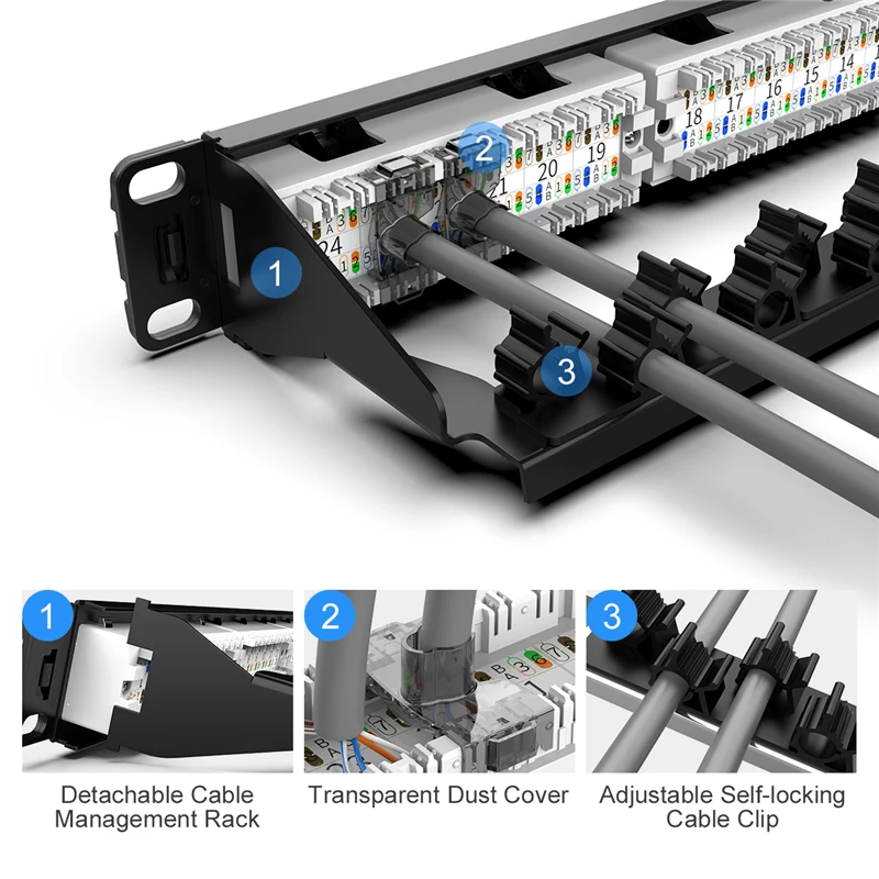 AMPCOM (UL Listed) CAT5e/CAT6 24/48 Ports Patch Panel, Rack Mount - 1U, 2U, 19 inch, 50u Gold Plated, Rear Cable Management Bar