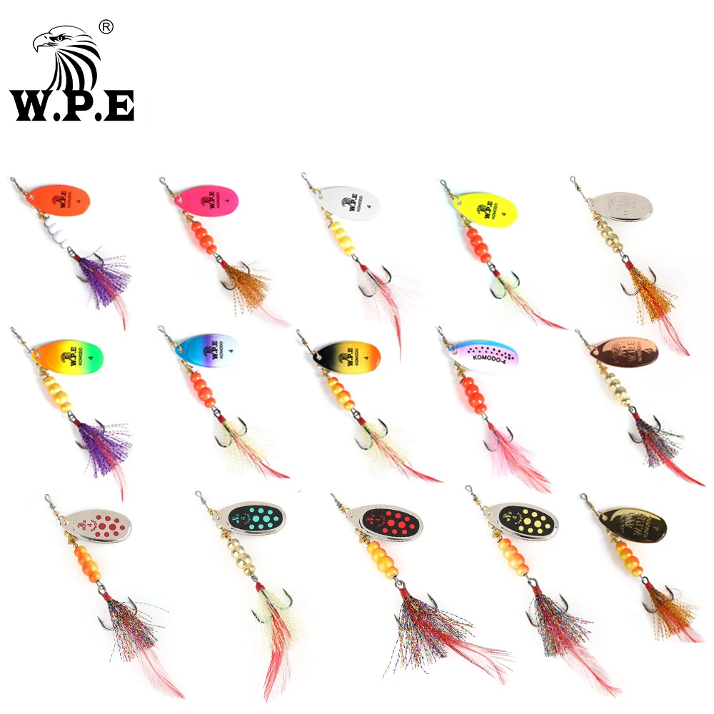 W.P.E-señuelo de pesca giratorio, 14g/22g, cuchara, pluma, aparejos de pesca de Metal, anzuelo triple de 15 colores, cebo duro, pesca de carpa, 1 ud.