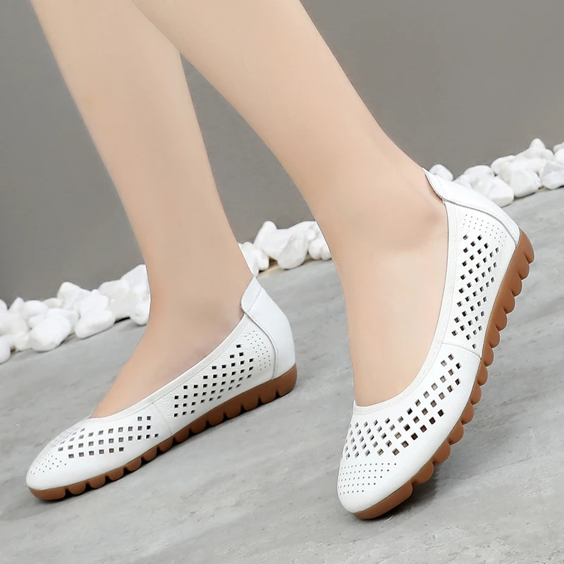 GKTINOO White Genuine Leather Ladies Breathable Summer Shoes Women Flats Slip-On Loafers Round Toe Soft Flat Shoes Casual