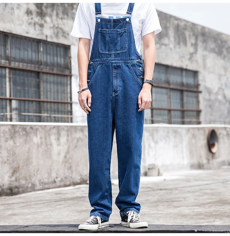 Herren Plus Size Denim Latzhose Klassische Cargo-Jeans mit Großen Taschen Lose Arbeitslatzhose Trägerhose Dunkel- und Hellblau – Detail 4