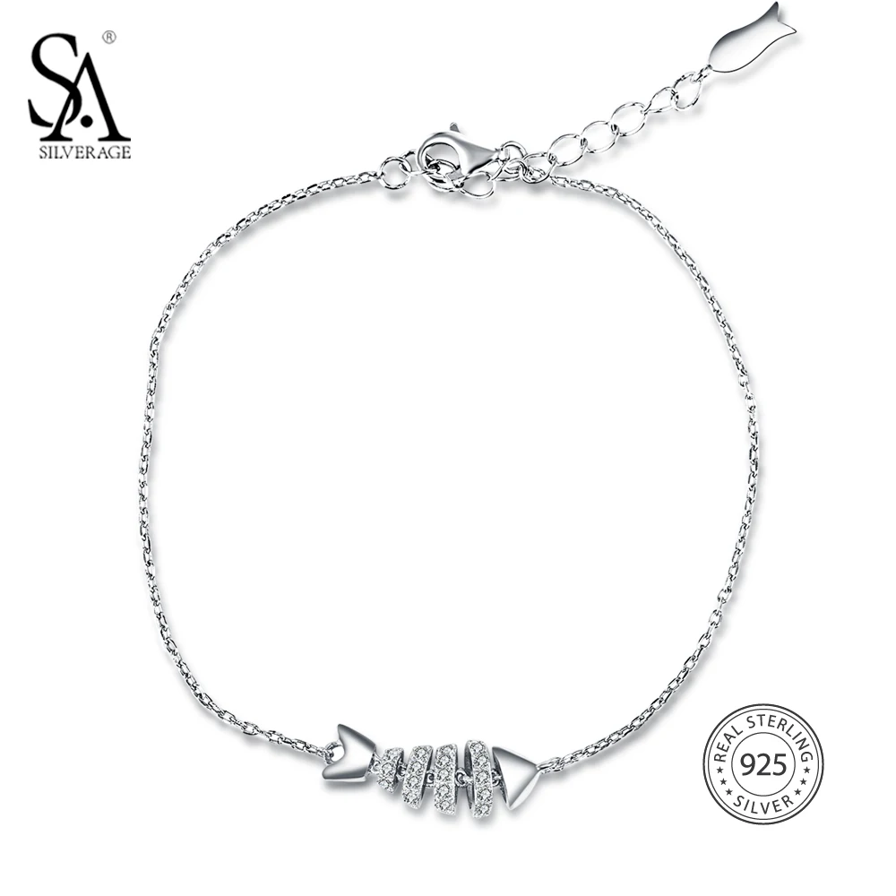 SA SILVERAGE Real 925 Sterling Silver Rhinestones Link Bracelets & Fashion Bangles Fishbone Charm Bracelet Women Fashion Jewelry