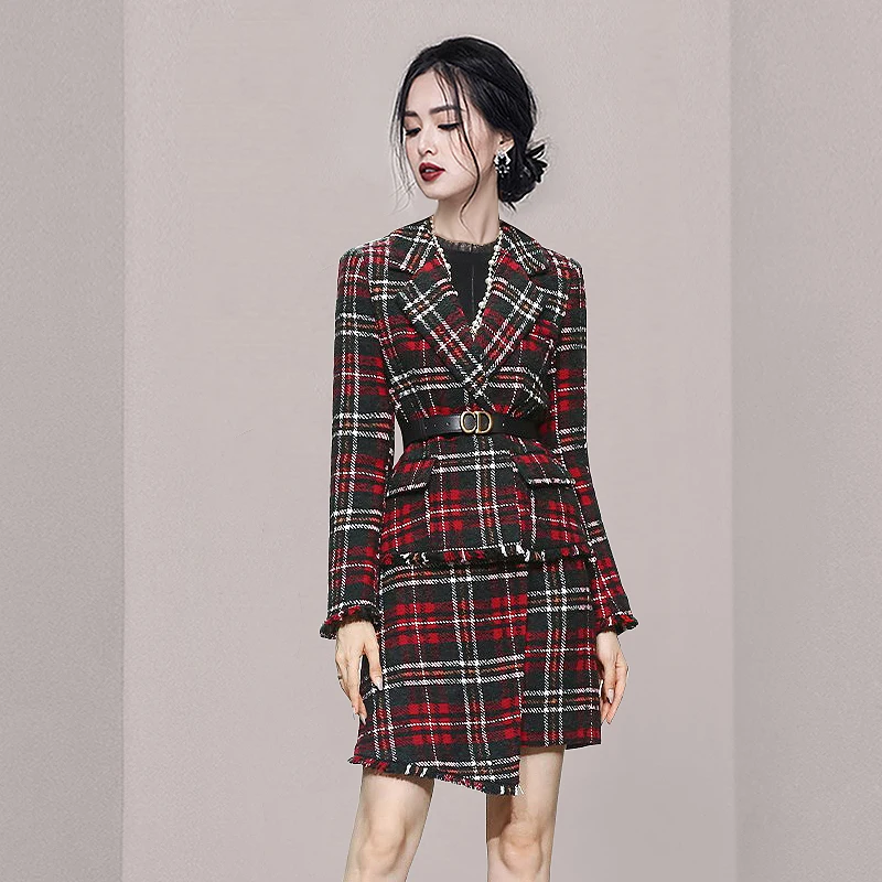 Luxury Design Tweed Women gonna Suit donna Plaid Red risvolto cintura Blazer giacca + nappa gonne irregolari Lady 2 pezzi Set