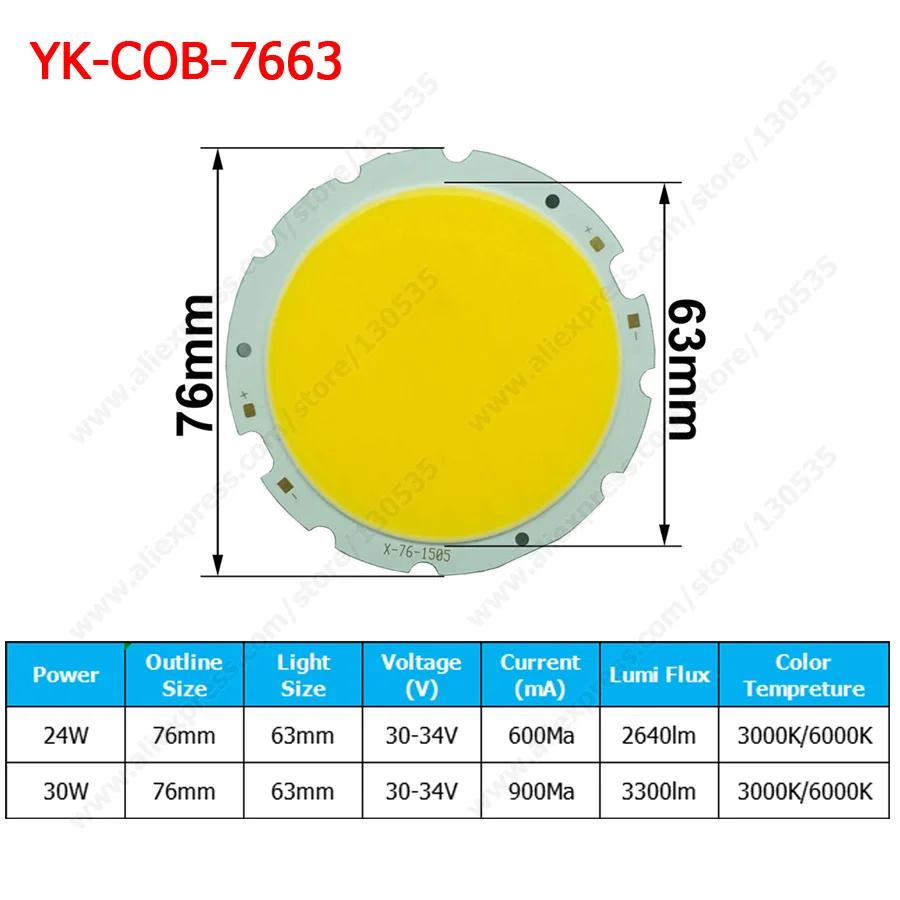 1PC  20W 24W 30W COB beads 70mm  76mm Led Chip Diodes Surface Light for Led Bulb Spotlight, Street Led Lamp DIY downlight bulb