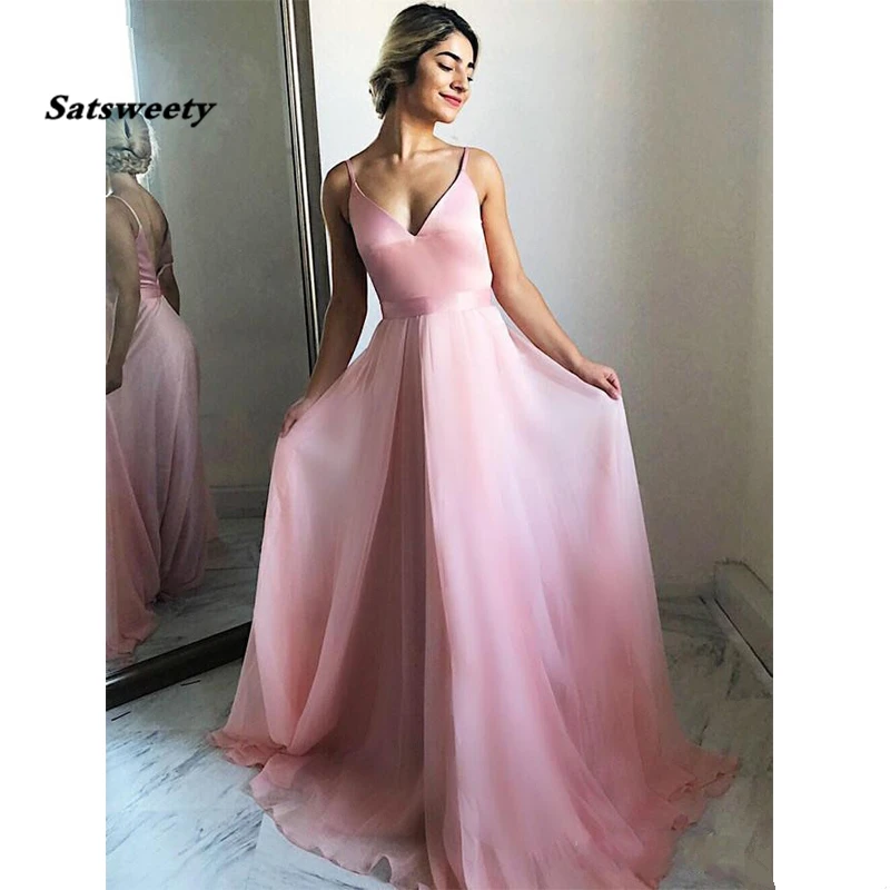 

V-Neck Spaghetti Straps Pink Cheap Prom Dresses Floor-Length Backless Sexy Evening Dress Party Maxys Simple Long Prom Gown