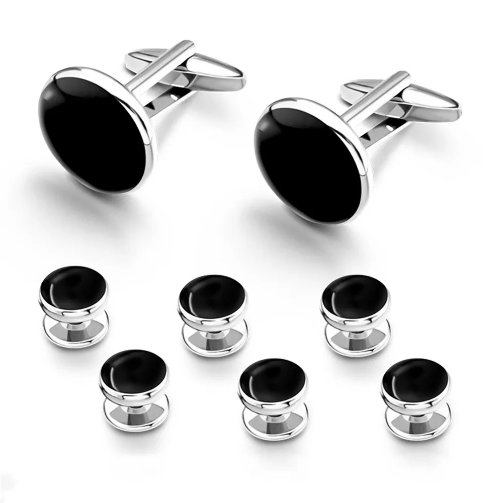 Mens Tuxedo Cufflinks Wedding Suit Shirt Cuff Buttons Round Metal Cufflink with Button Studs Set Luxury Cuff Links Gifts for Men