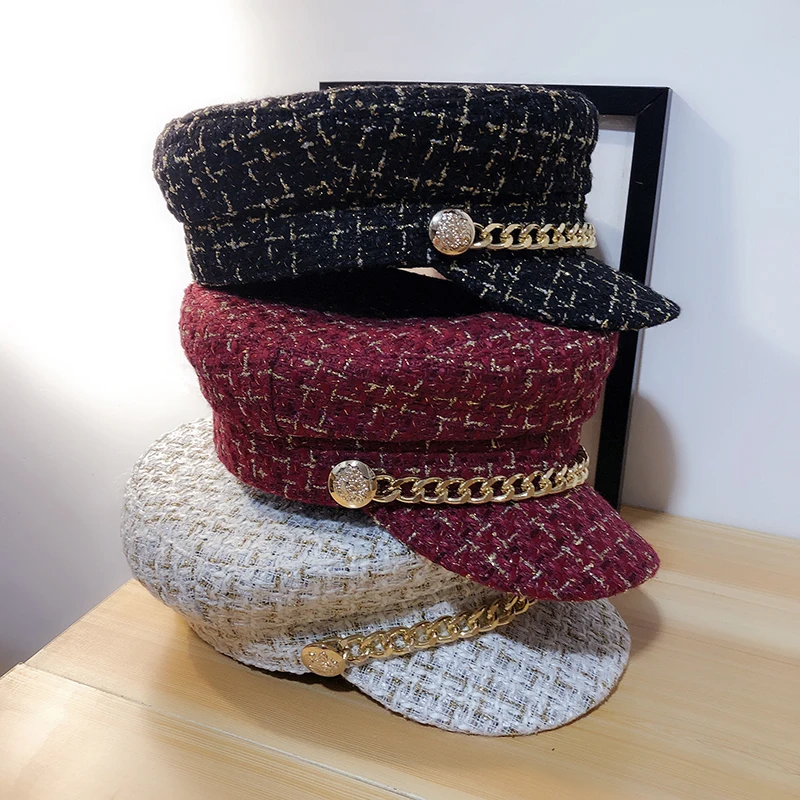 Autumn winter Thread fashion Berets Tweed Military Hat For Women Fashion Yacht Captain Female skipper sailor Hat Newsboy Caps