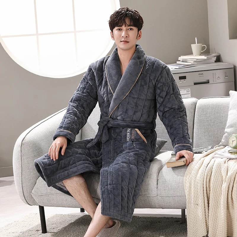 Thick quilted coral flannel long-sleeve male big yards L-3XL robe letter stitching bathrobes male sleepwear winter pijama hombre