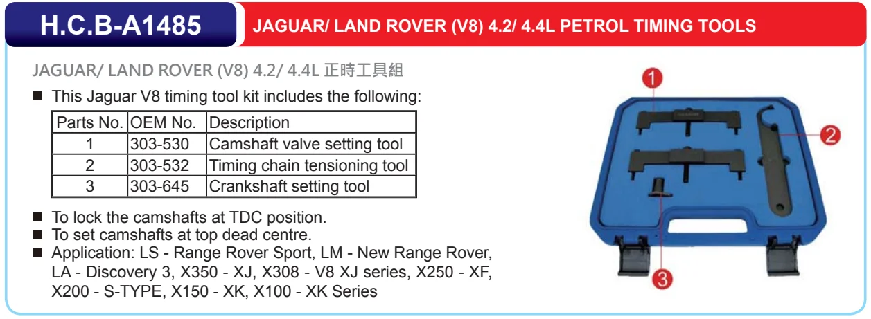 TIMING TOOL KIT FOR JLR (V8)4.2/ 4.4L PETROL To lock the camshafts at TDC position To set camshafts at top dead centre