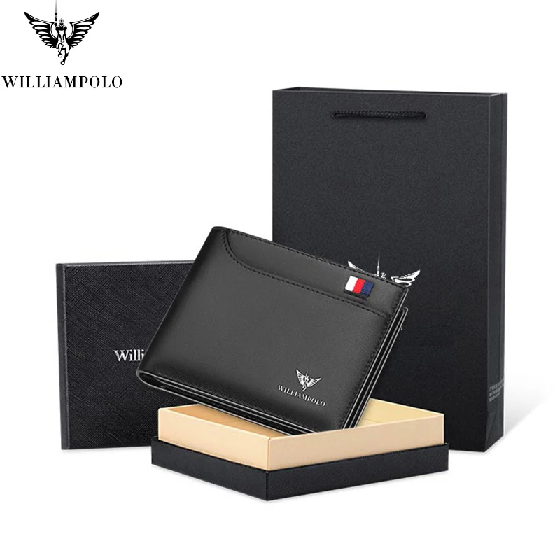 WILLIAMPOLO Men\'s Slim Wallet Genuine Leather Mini Purse Casual Design Wallet Fashion Brand Short Small Pouch Gift 181342