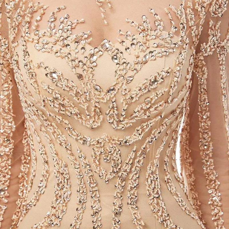 2021 Luxury Mermaid Sequins เซ็กซี่ชุด Sparkly Prom Party Dresses ดูไบแสดงแขนยาว Sheer Bodice ชุดราตรี016