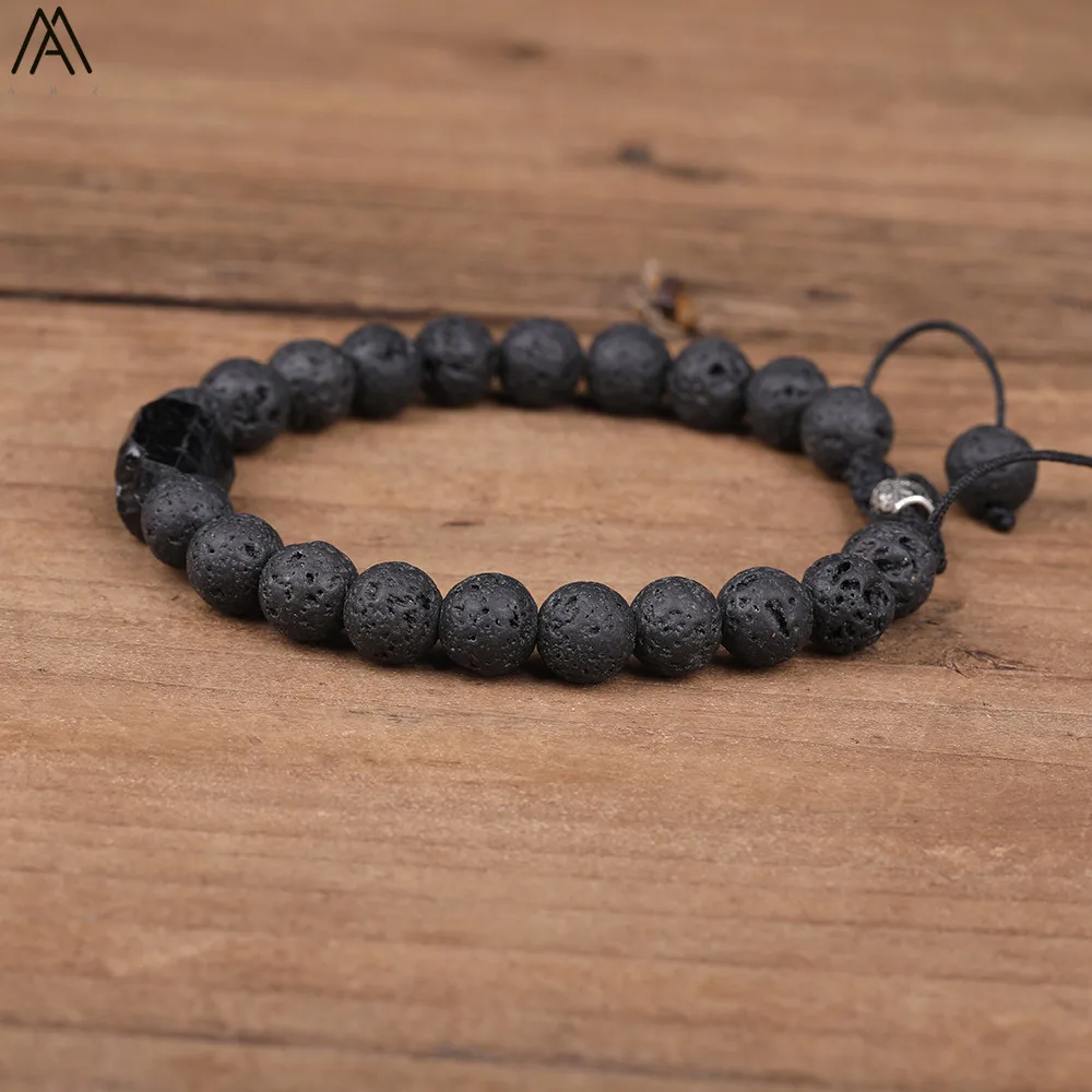 Natural Black Tourmaline 8mm Black Lava Stone Beads Cord Knotted Adjustable Bracelet Boho Women Mala Beads Bracelet N0384AMC.E