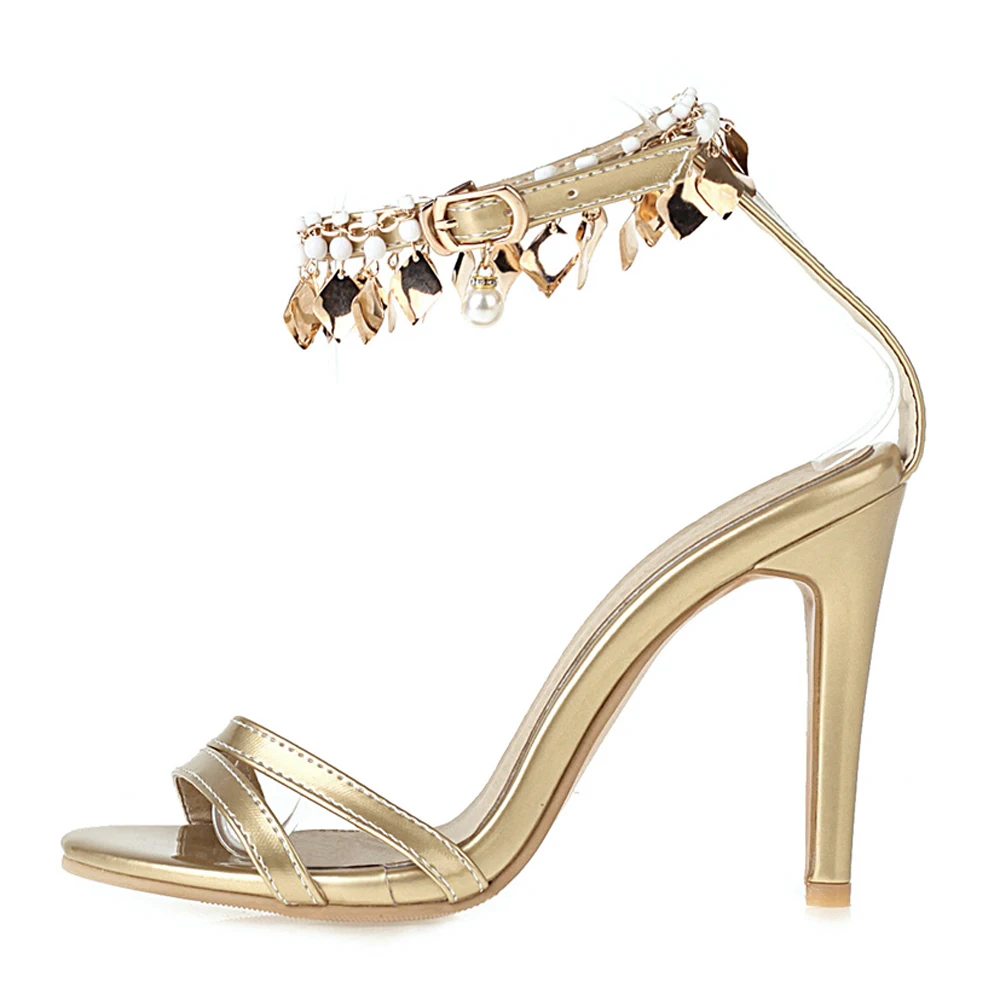 

2021 Women High Heels Metal Decoration Sandals Lady Sandles Stiletto heels Ankle buckles strap Summer Party Shoes Big Size 50