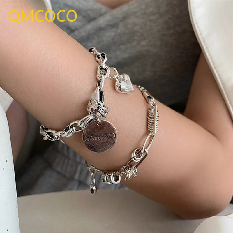 QMCOCO, серебряный цвет, винтажный, в форме сердца, Круглый, буквенный кулон, браслет для женщин, модные, простые, ручной работы, ювелирные изделия, подарки для женщин