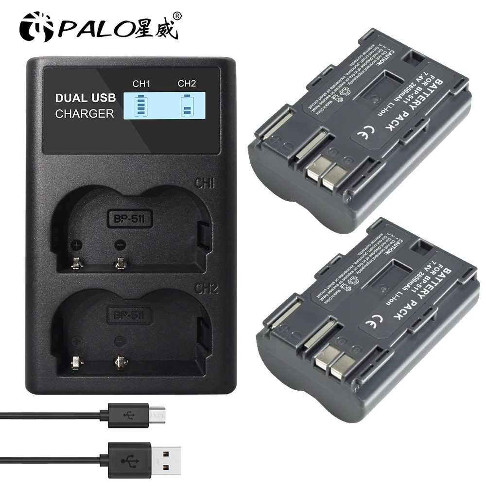 PALO 7.4v 2650mah BP-511A BP-511 BP 511 511A BP511 BP511A Battery + LCD USB Charger for Canon EOS 40D 300D 5D 20D 30D 50D camera