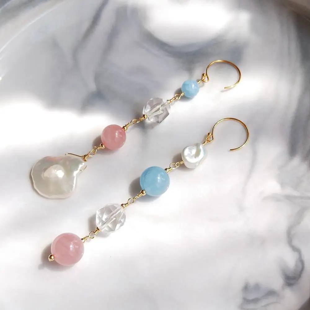 LiiJi Unique Genuine Stone Asymmetric Earrings US Goldfilled Aquamarine Rose Quartz Baroque Pearl Crystal Unique Long Earrings