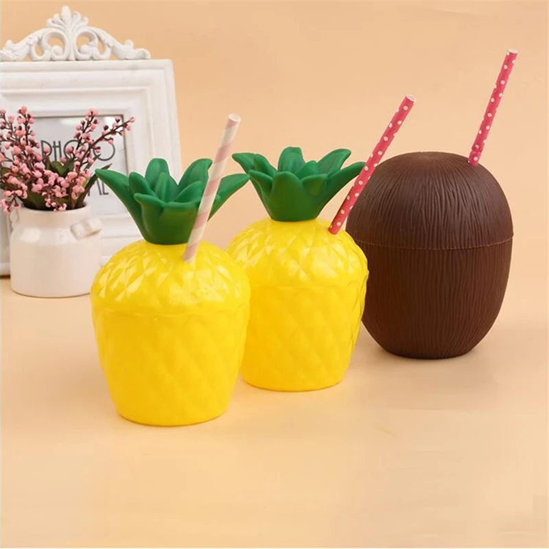 1PC Tropical Pineapple Coconut Drinking Cup Juice Cups Straw Summer Luau Flamingo Birthday Beach Pool Party Hawaiian Decoration