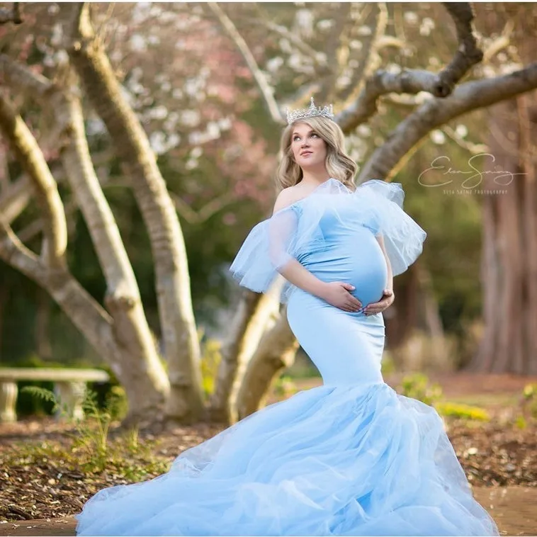 

Chamrming Pink Puffy Tulle Maternity Dresses Cap Sleeves Mermaid Shape Fluffy Long Pregnancy Gowns Custom Made Plus Size
