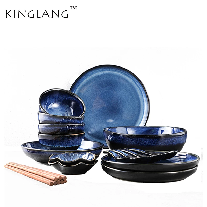 Kinglang 2/4 Person Dinnerware Set Japanese Klin Blue Tableware Set Retro Household Bowl Dish Rice Bowl