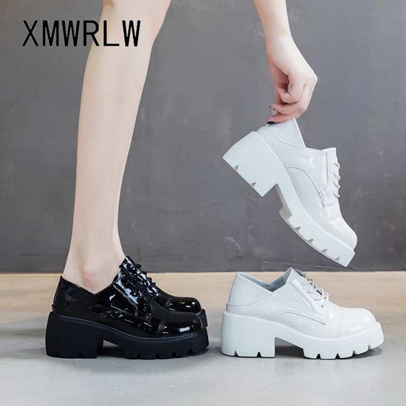 

XMWRLW Women's High Heels Shoes 2021 Spring Autumn Patent Leather Casual Lace Up Ladies Shoes Square Heel Women Autumn Shoe