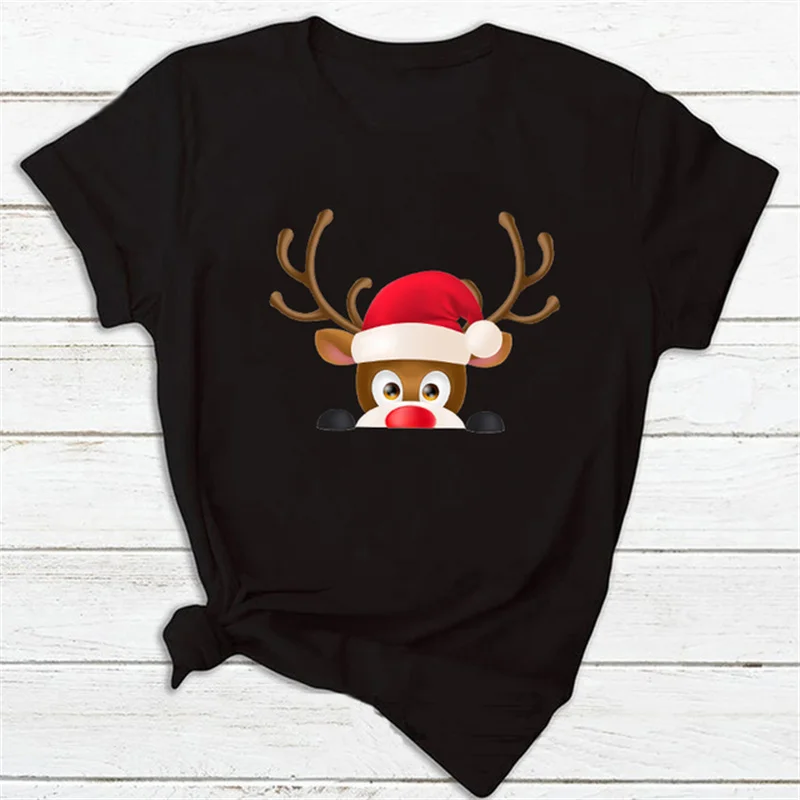 Maycaur Fashion Women\'s Tops Tee Women Merry Christmas Holiday Tshirts Funny Cartoon Santa Reindeer Printed Black T-shirt Female