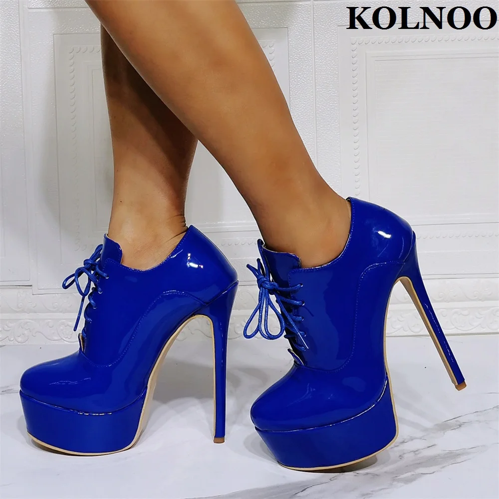 

Kolnoo New Handmade Ladies High Heels Boots Patent Leather Cross Shoelace Sexy Platform Ankle Boots Evening Daily Fashion Shoes