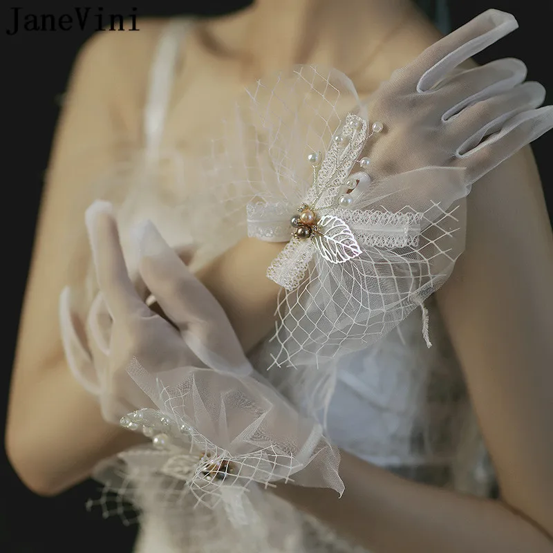 JaneVini-guantes de boda con perlas hermosas para mujer, manoplas de encaje blanco para novia, accesorios de fotografía para fiesta de boda con lazo