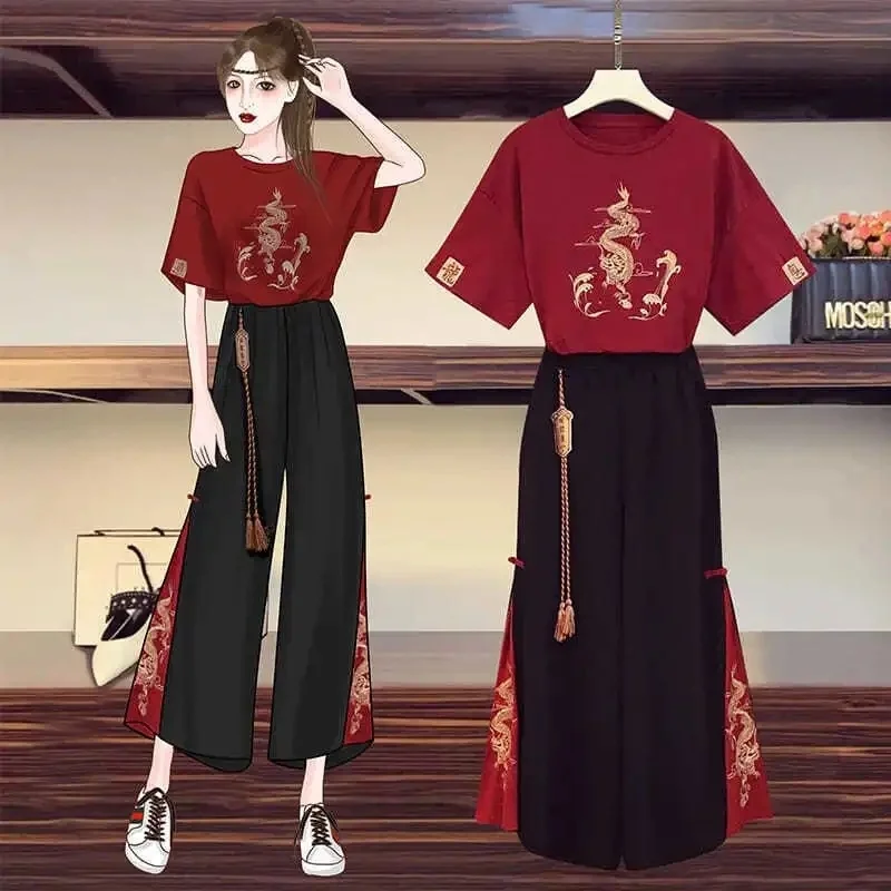 Chinese Style Embroidery Tang Suit Women Casual T-Shirt Wide Leg Kung Fu Pants Set Oriental Clothing 2022 Japanese Harajuku