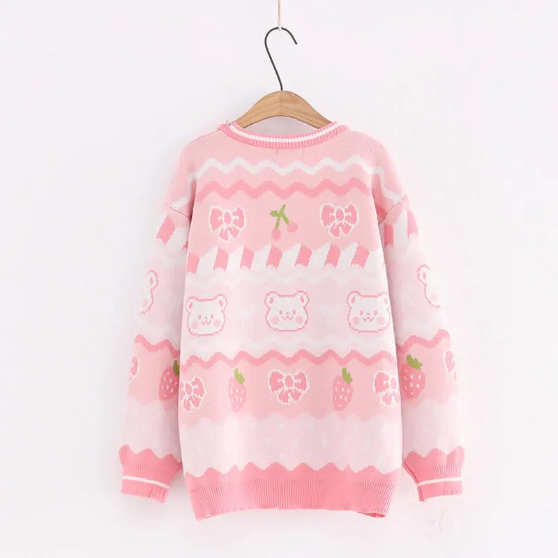 Harajuku Cute Women Knitted Sweater Soft Girls Kawaii Tops Bear Strawberry Print Anime Pullover Japanese Lolita Pink Cozy Jumper