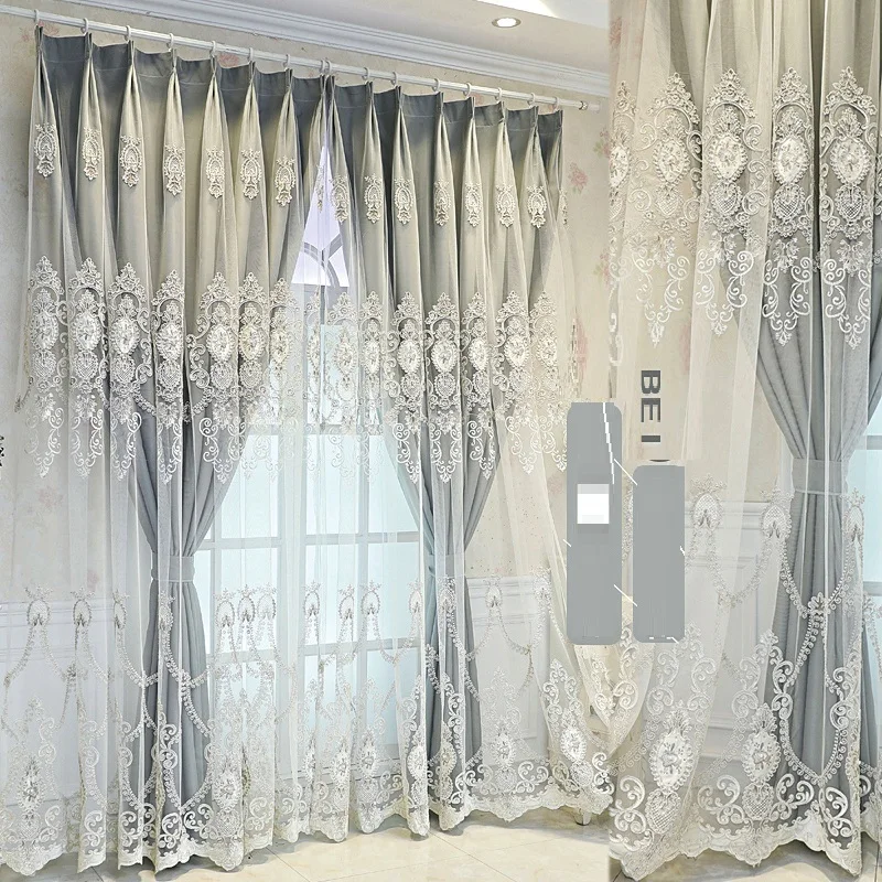 European Palace Double-layer Blackout Curtain Luxury Embroidery Pearl Velvet Cloth Yarn Integrated Curtain Drape for Living Room