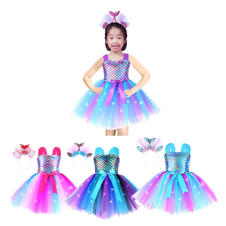 

Halloween Kids Mermaid Tutu Dress with LED Lights Childrren Glowing Sea Theme Party Dresses for Girls Princess Cosplay Costumes