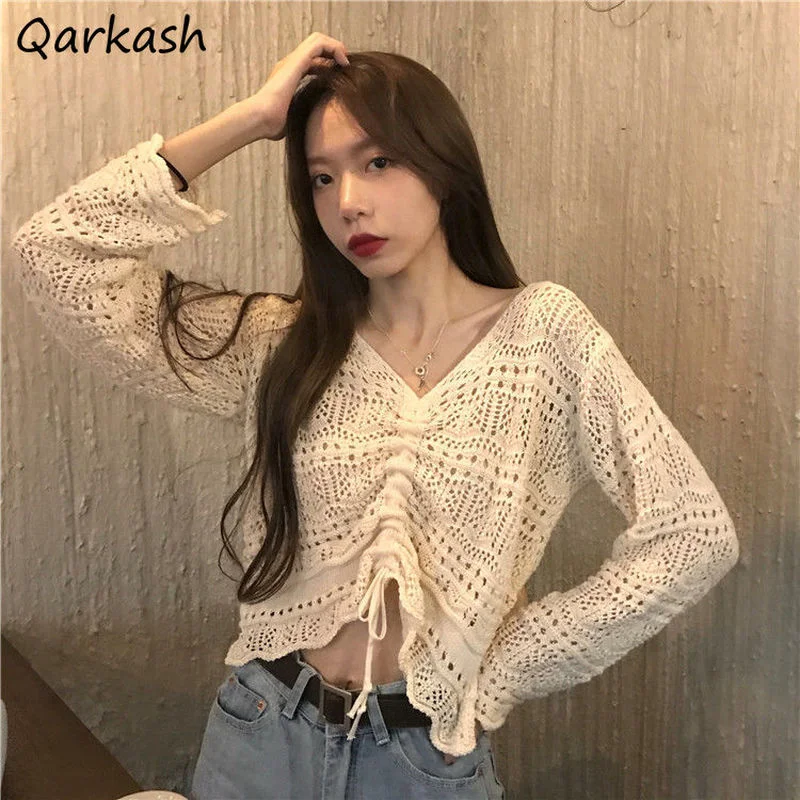 Pullover Women Hollow Out Korean Simple Fashion Casual Spring Feminine Chic Student Tender Slim Soft Streetwear Crops Knitwear