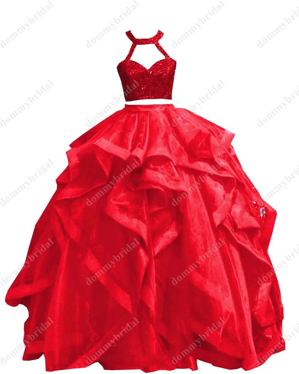 Bonito vestido de baile rojo de dos piezas, quinceañera, baile de graduación, falda con volantes, agujero en la cerradura, cuello Halter, Organza, tela con lentejuelas