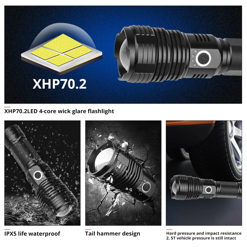 Newest Super Brightl XHP70.2 LED Flashlight XHP50 Rechargeable USB Zoomable Torch XHP70 18650 26650 Hunting Lamp for Camping