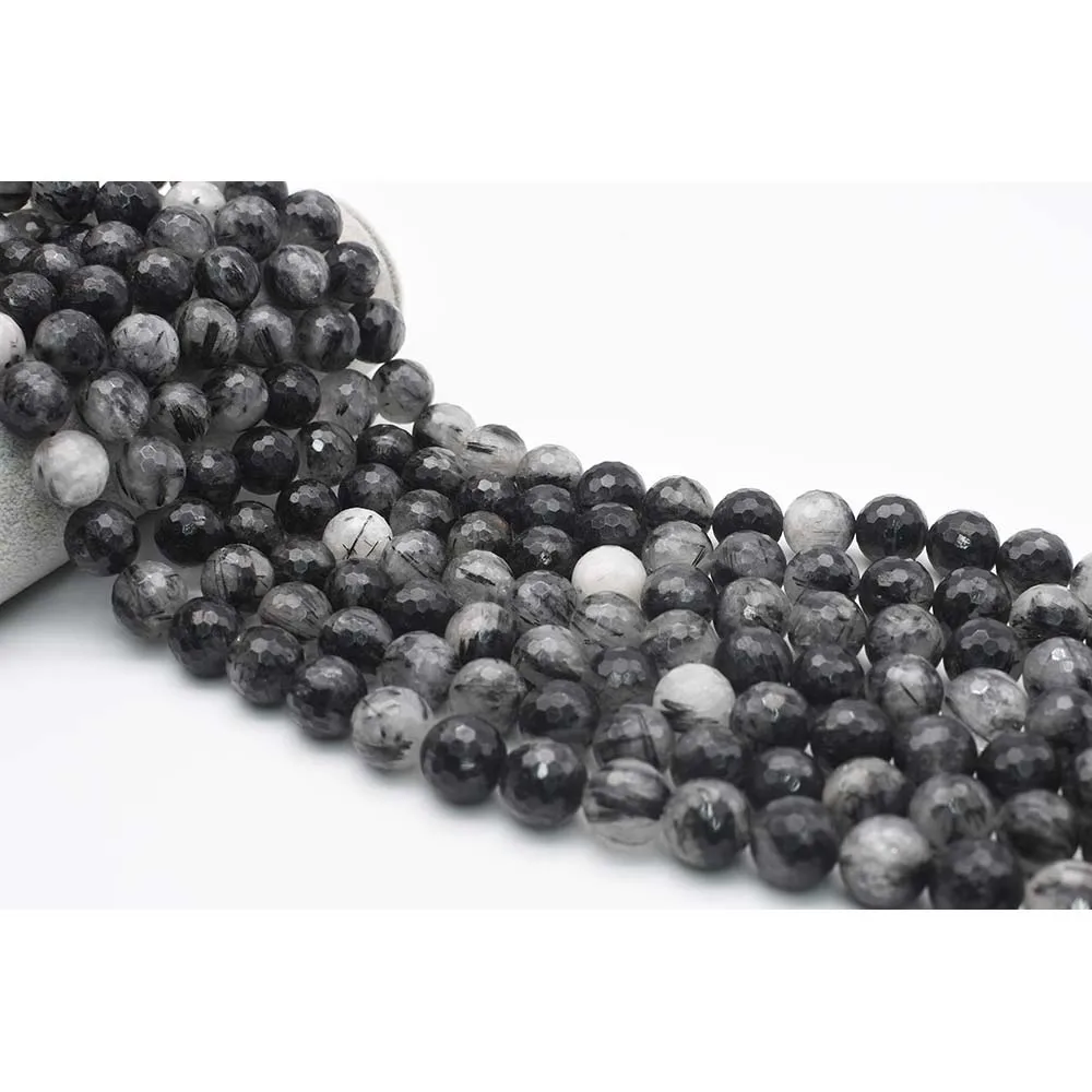 

10mm AA Natural Faceted round Black Hair Rutilated Quartz Stone Beads For DIY necklace bracelet jewelry make 15 "free delivery